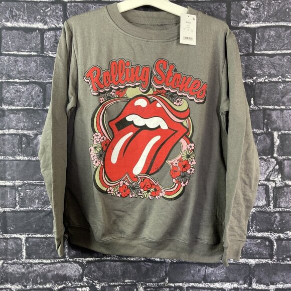 The Rolling Stones Women's  Small Sweatshirt Gray Tongue Flowers Holiday Themed - Picture 1 of 5